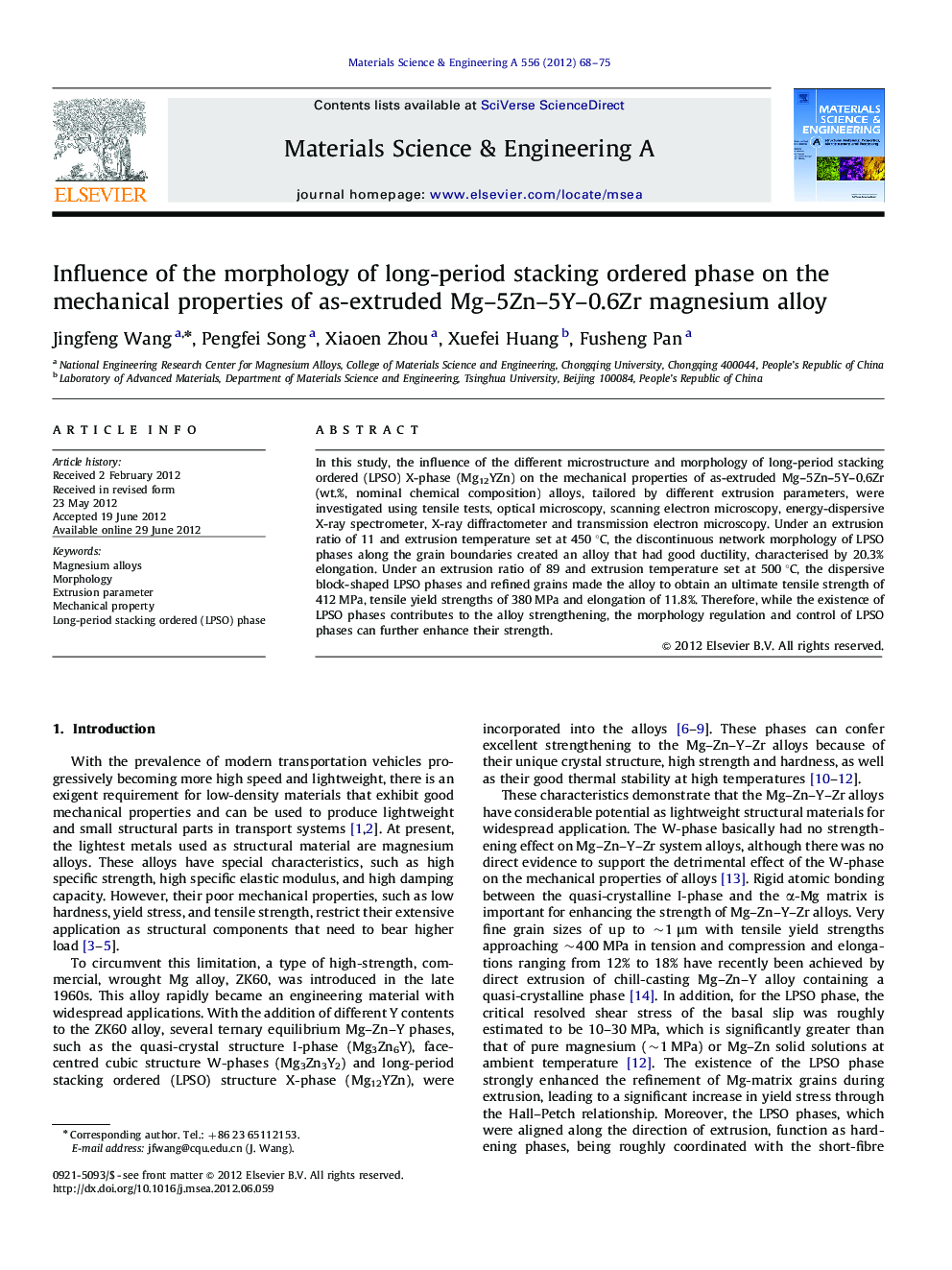 Influence of the morphology of long-period stacking ordered phase on the mechanical properties of as-extruded Mg–5Zn–5Y–0.6Zr magnesium alloy