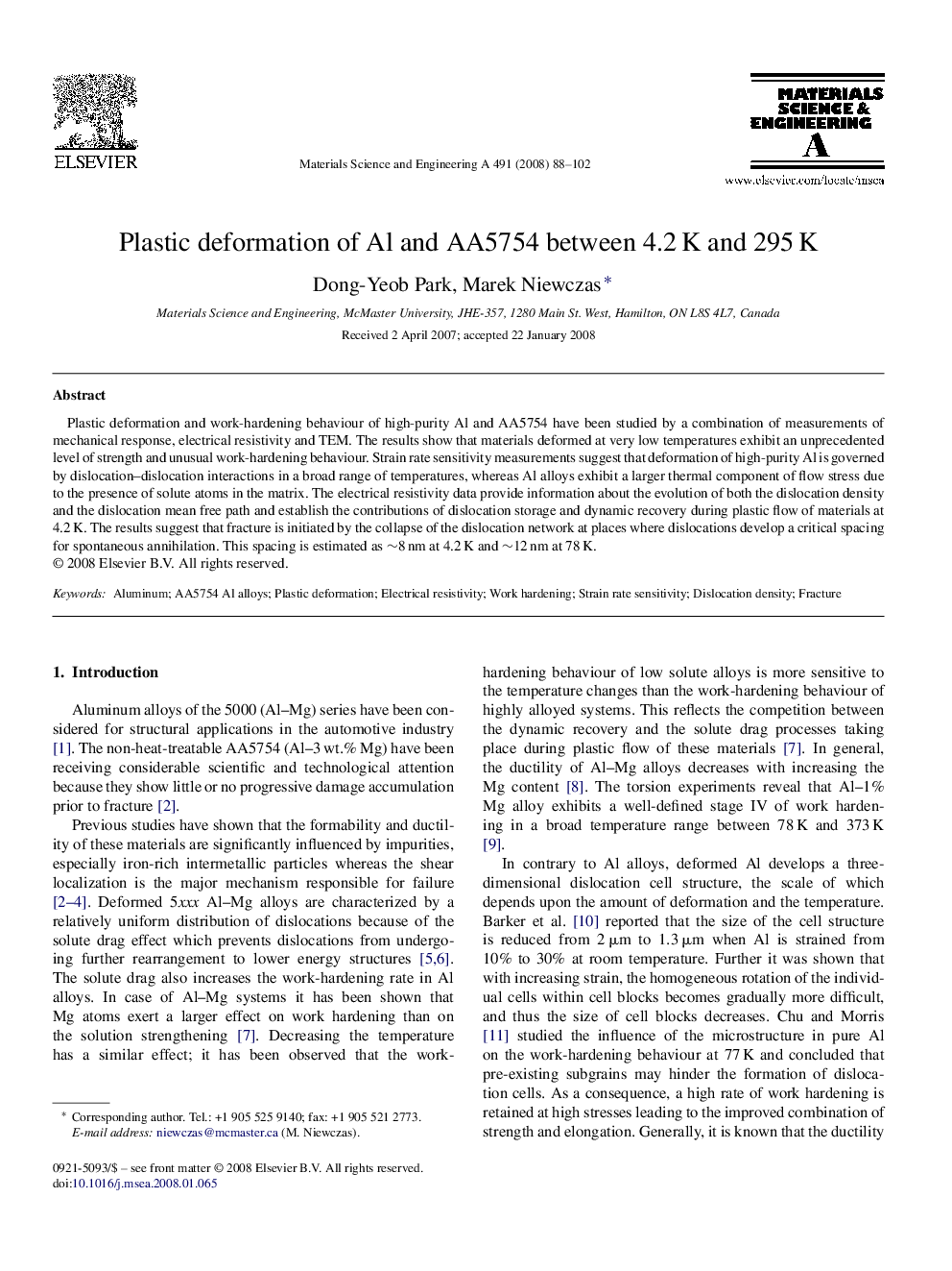 Plastic deformation of Al and AA5754 between 4.2Â K and 295Â K
