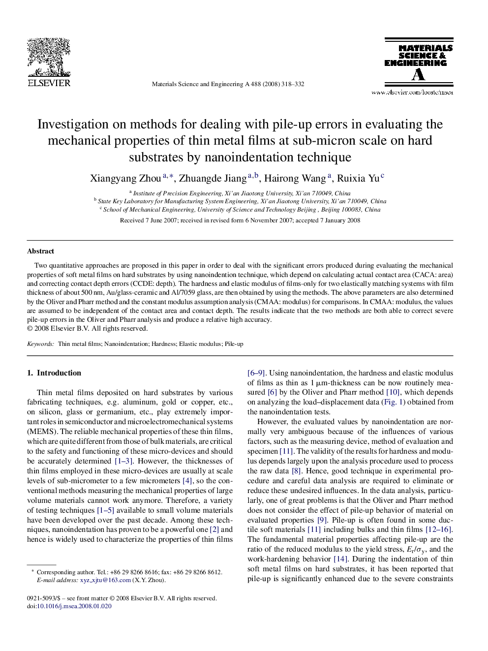 Investigation on methods for dealing with pile-up errors in evaluating the mechanical properties of thin metal films at sub-micron scale on hard substrates by nanoindentation technique