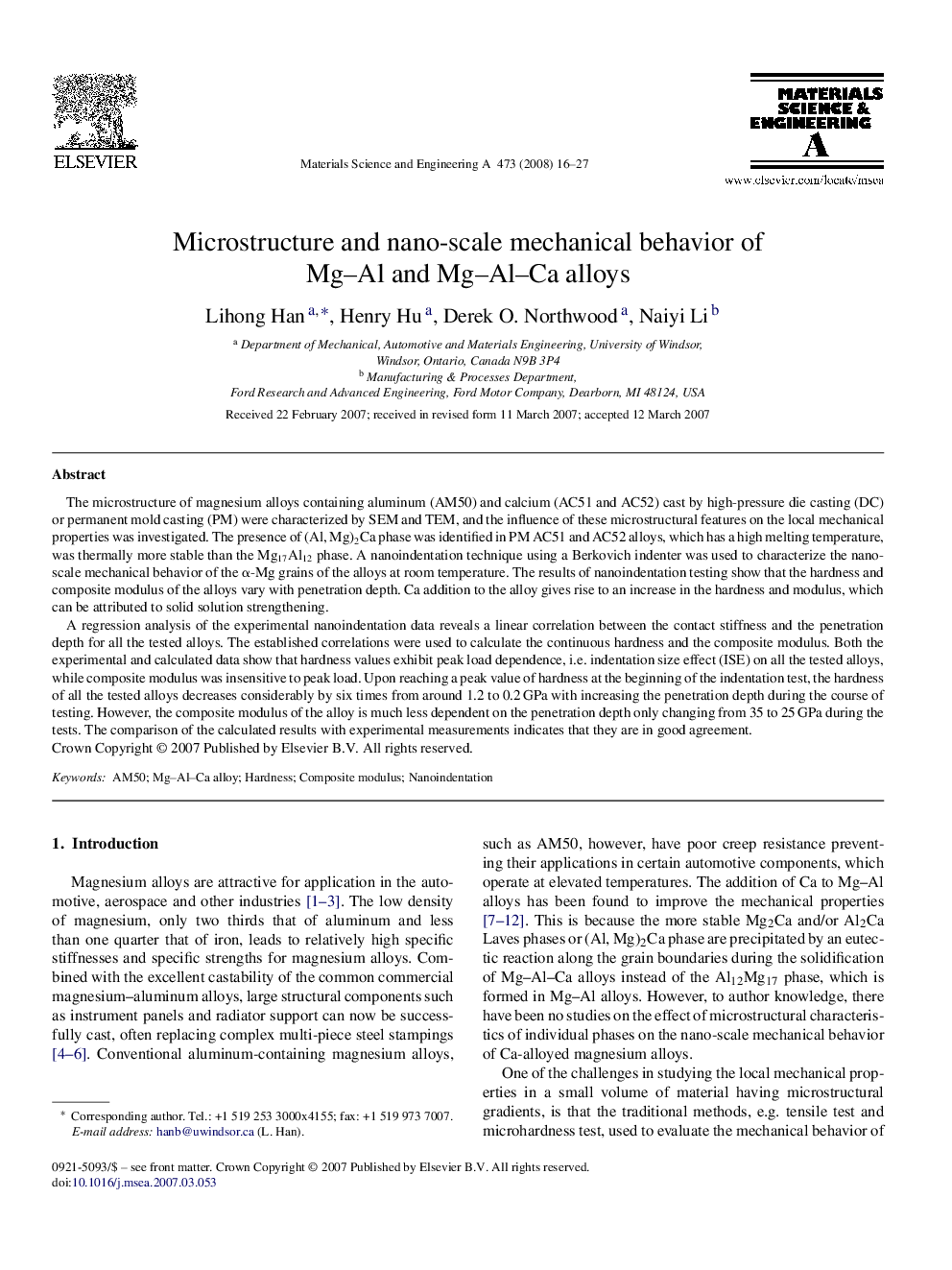 Microstructure and nano-scale mechanical behavior of Mg-Al and Mg-Al-Ca alloys