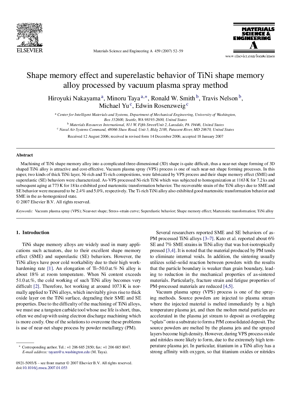 Shape memory effect and superelastic behavior of TiNi shape memory alloy processed by vacuum plasma spray method
