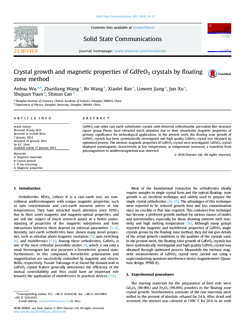 Crystal growth and magnetic properties of GdFeO3 crystals by floating zone method