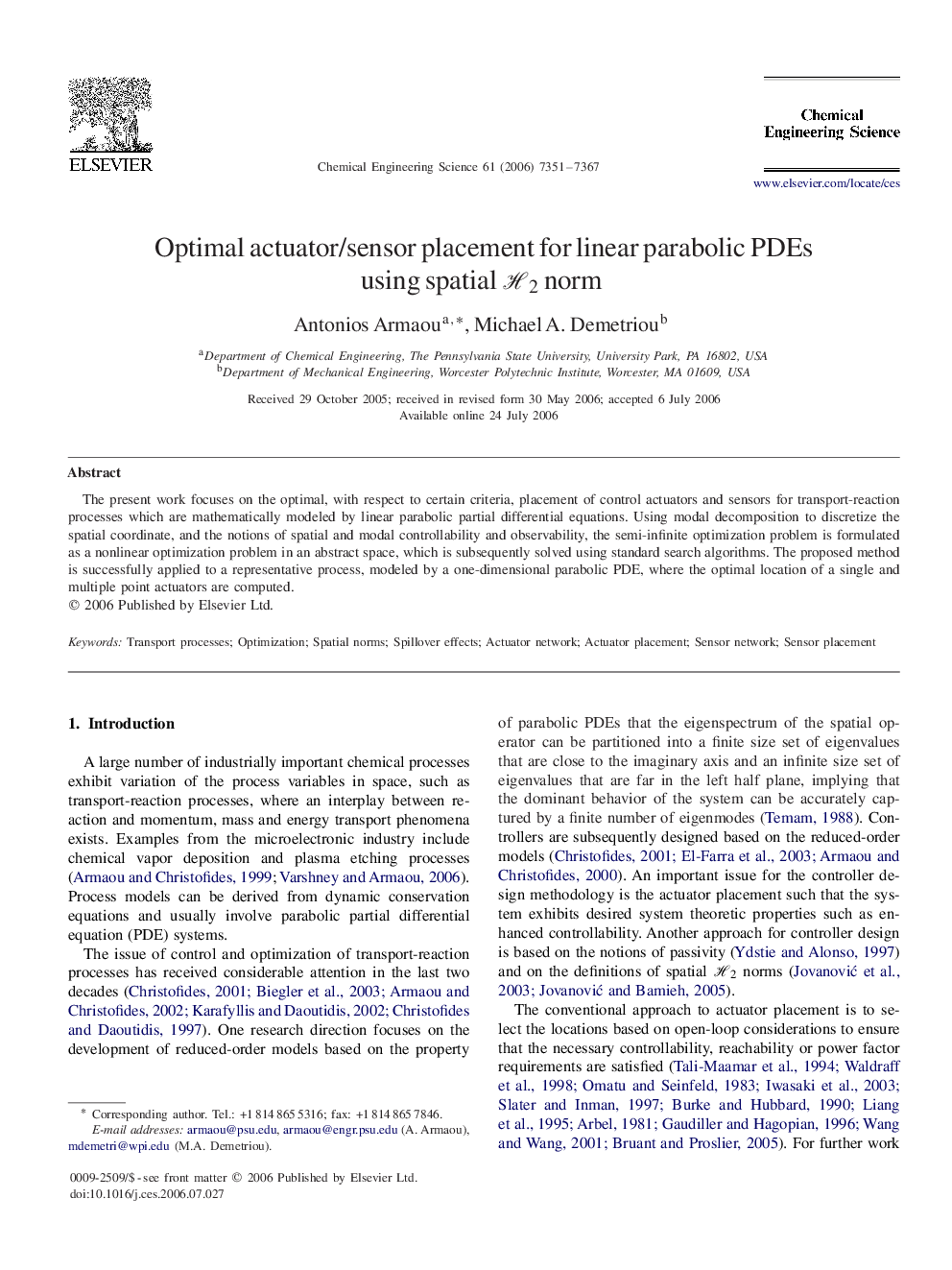 Optimal actuator/sensor placement for linear parabolic PDEs using spatial H2H2 norm