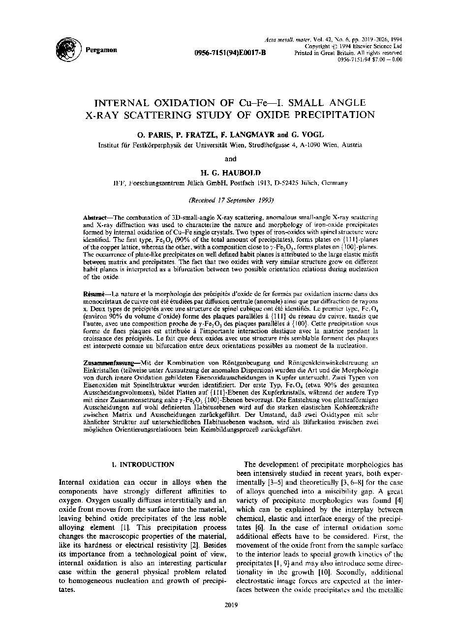 Internal oxidation of Cuî¸Fe-I. Small angle x-ray scattering study of oxide precipitation