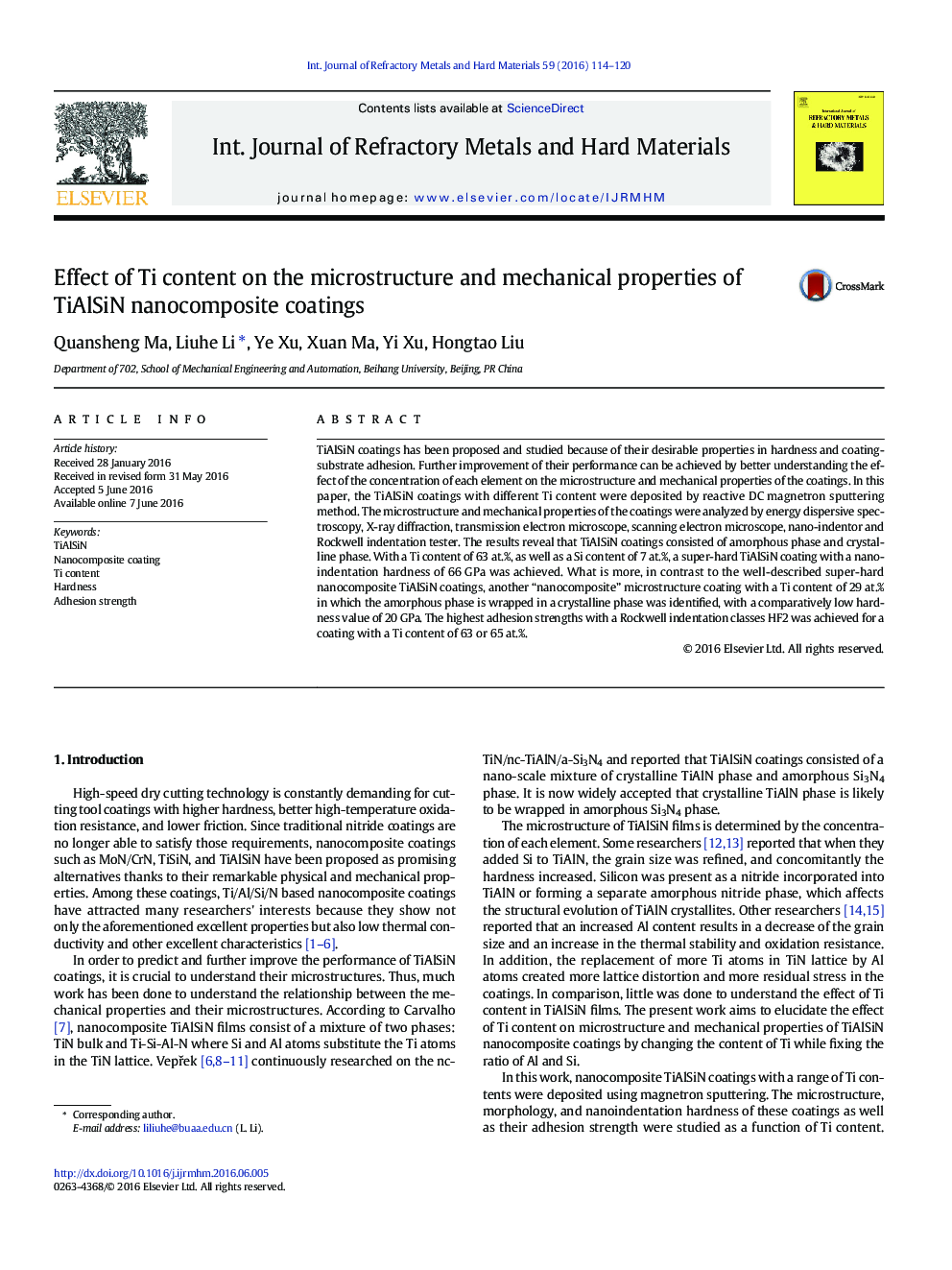 Effect of Ti content on the microstructure and mechanical properties of TiAlSiN nanocomposite coatings