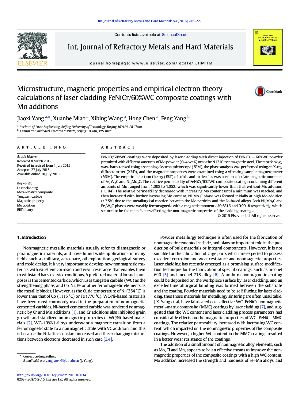 Microstructure, magnetic properties and empirical electron theory calculations of laser cladding FeNiCr/60%WC composite coatings with Mo additions