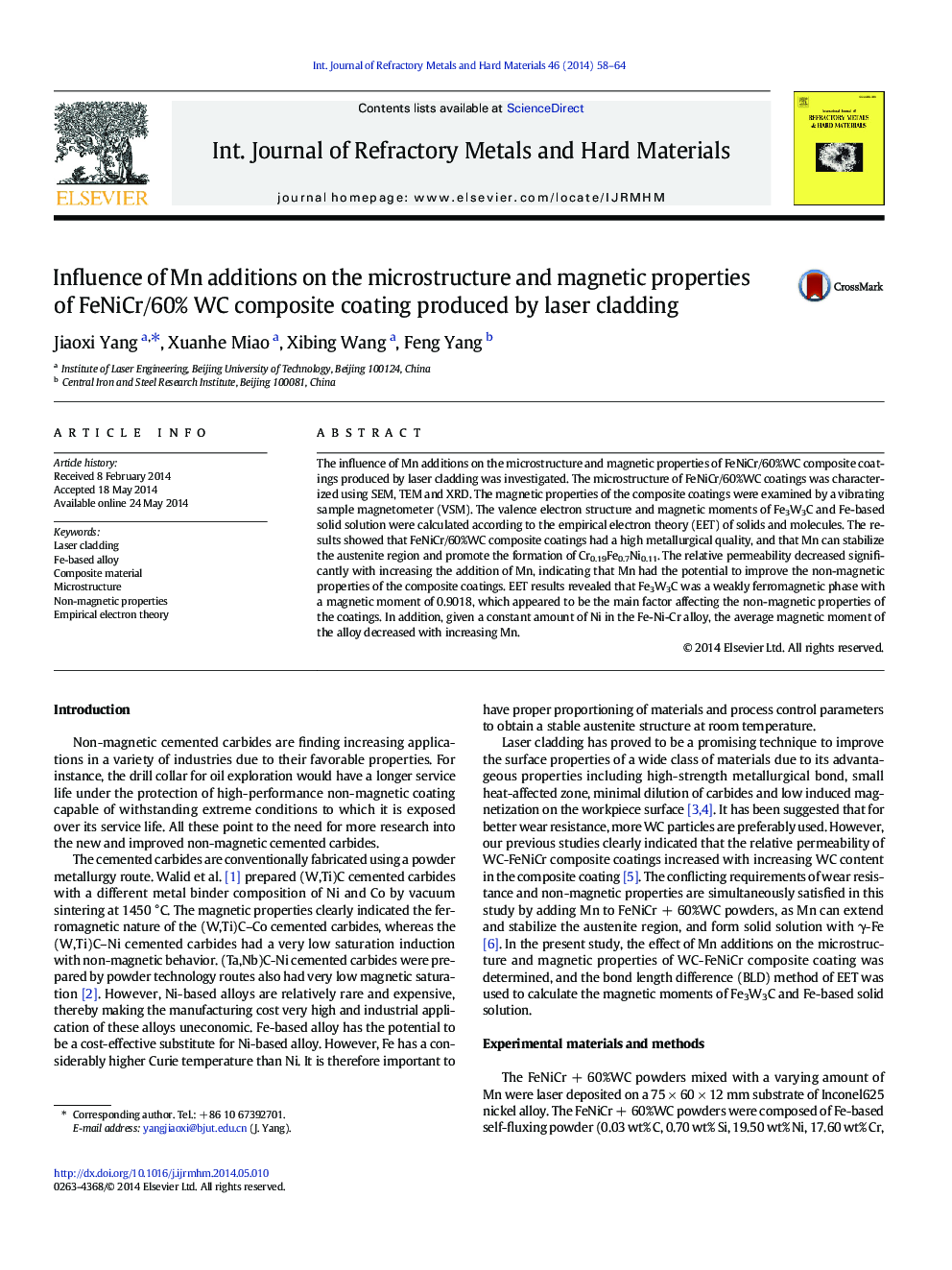 Influence of Mn additions on the microstructure and magnetic properties of FeNiCr/60% WC composite coating produced by laser cladding