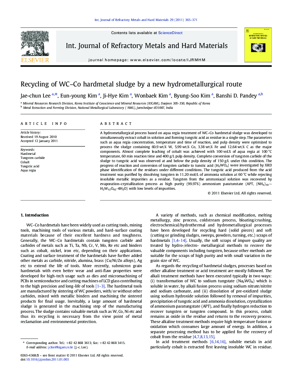 Recycling of WC–Co hardmetal sludge by a new hydrometallurgical route