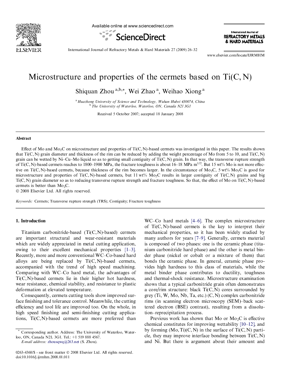 Microstructure and properties of the cermets based on Ti(C, N)