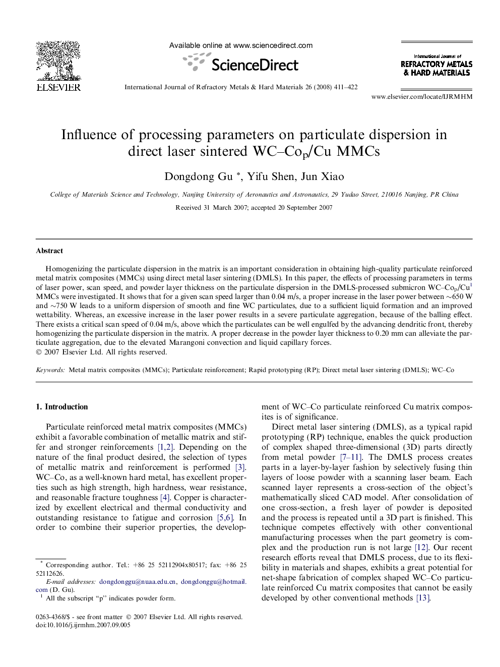 Influence of processing parameters on particulate dispersion in direct laser sintered WC-Cop/Cu MMCs