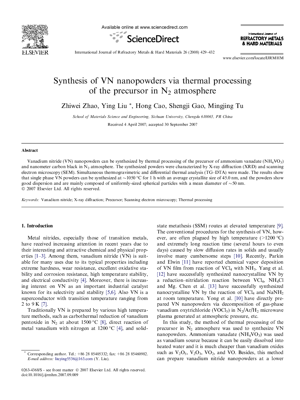 Synthesis of VN nanopowders via thermal processing of the precursor in N2 atmosphere