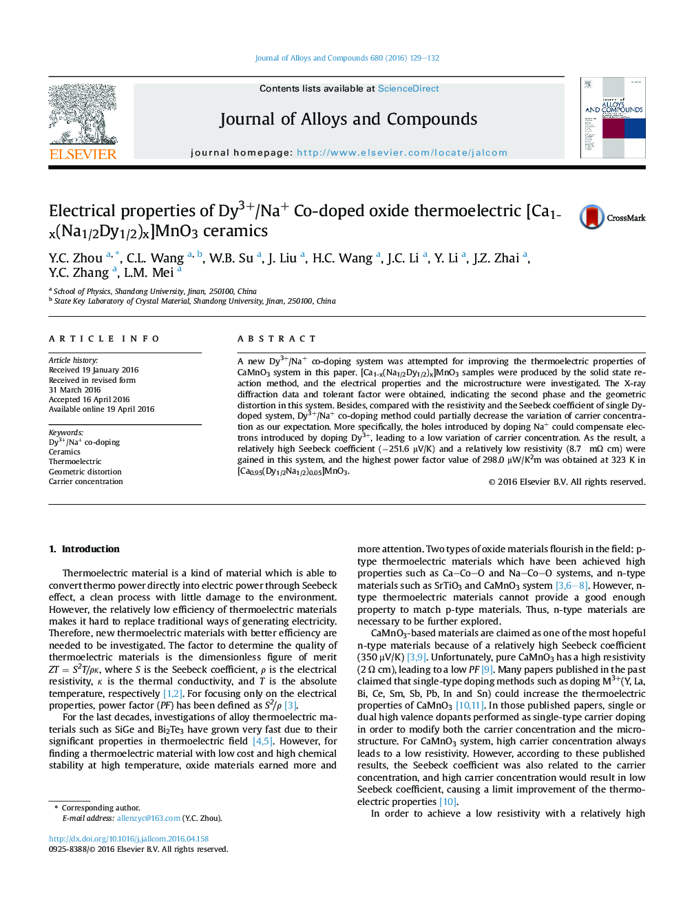 خواص الکتریکی سرامیک های [Ca1-x(Na1/2Dy1/2)x]MnO3 با ترموالکتریک اکسید دوپ شده مشترک با Dy3+/Na+