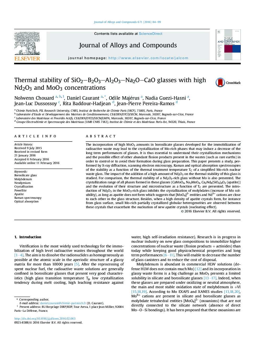 Thermal stability of SiO2–B2O3–Al2O3–Na2O–CaO glasses with high Nd2O3 and MoO3 concentrations