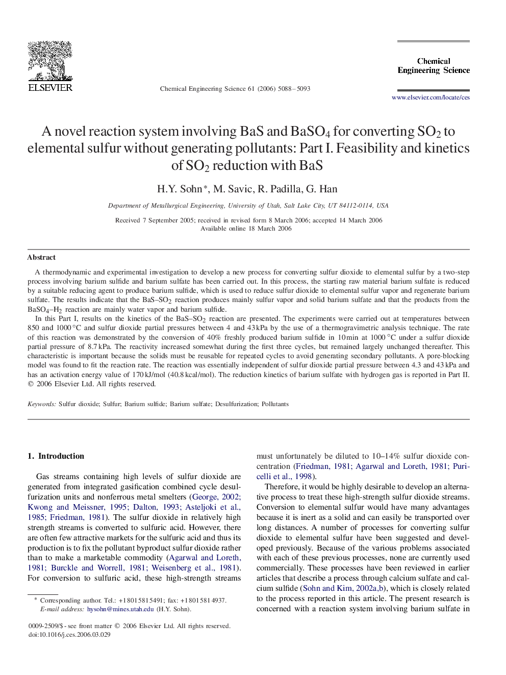 A novel reaction system involving BaS and BaSO4BaSO4 for converting SO2SO2 to elemental sulfur without generating pollutants: Part I. Feasibility and kinetics of SO2SO2 reduction with BaS