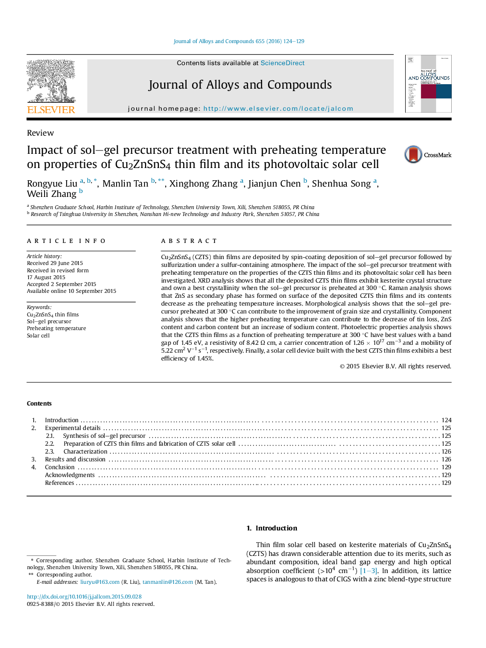 Impact of sol–gel precursor treatment with preheating temperature on properties of Cu2ZnSnS4 thin film and its photovoltaic solar cell