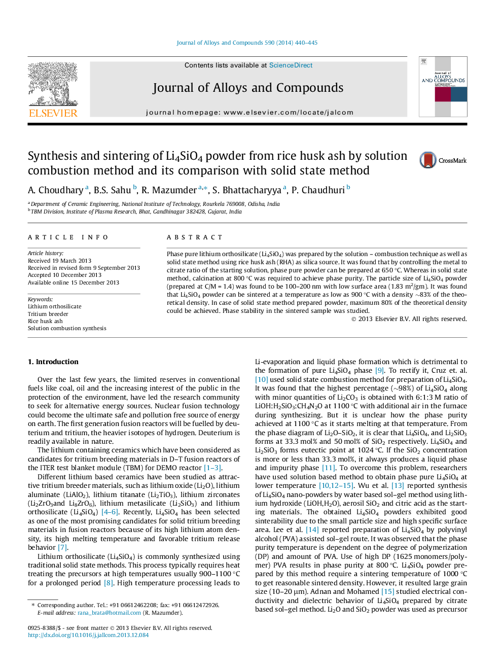 Synthesis and sintering of Li4SiO4 powder from rice husk ash by solution combustion method and its comparison with solid state method