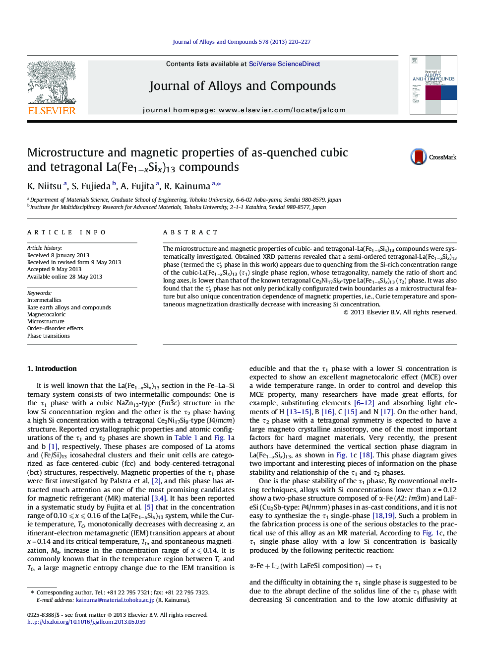 Microstructure and magnetic properties of as-quenched cubic and tetragonal La(Fe1âxSix)13 compounds