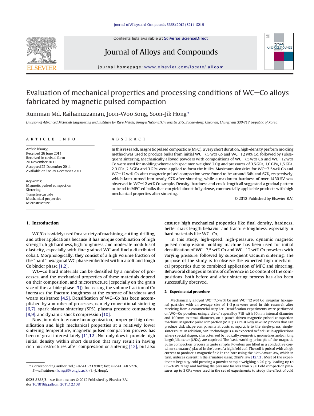 Evaluation of mechanical properties and processing conditions of WCCo alloys fabricated by magnetic pulsed compaction