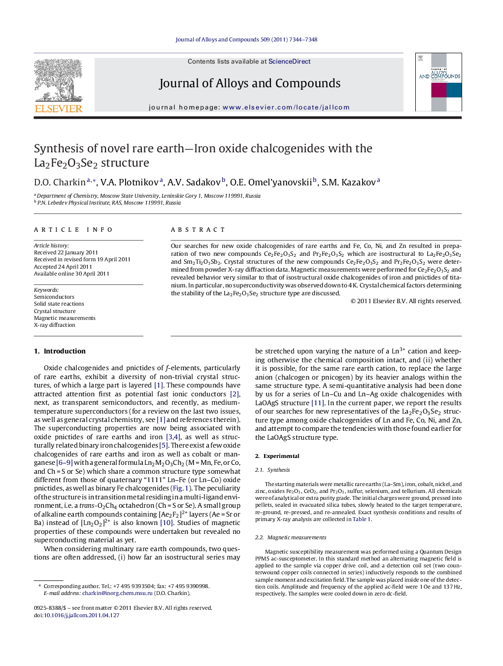 Synthesis of novel rare earth—Iron oxide chalcogenides with the La2Fe2O3Se2 structure