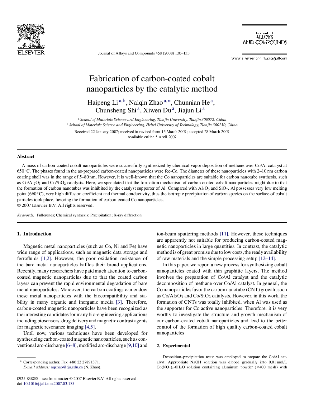 Fabrication of carbon-coated cobalt nanoparticles by the catalytic method