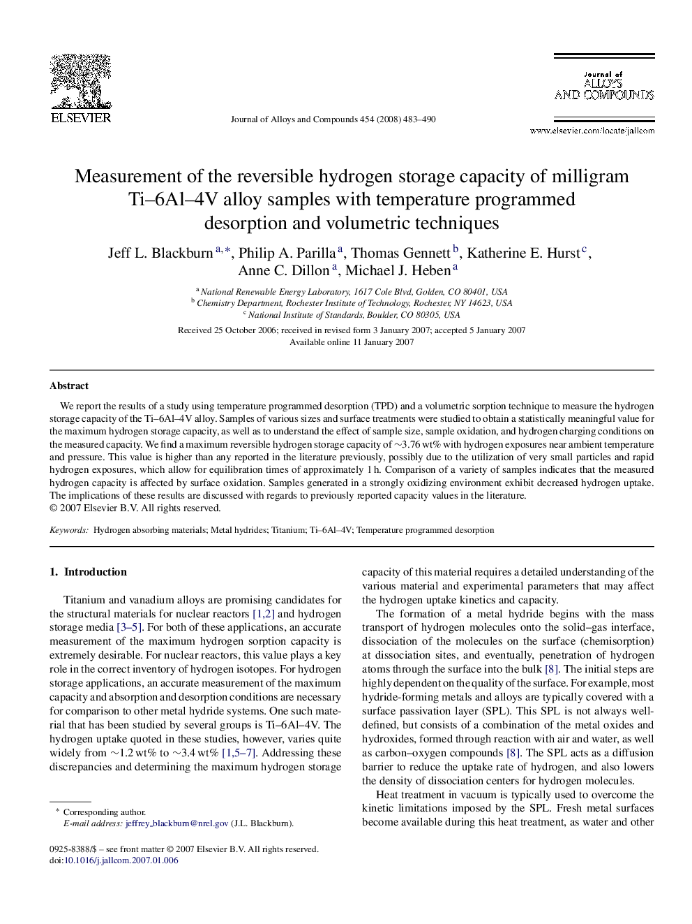 Measurement of the reversible hydrogen storage capacity of milligram Ti–6Al–4V alloy samples with temperature programmed desorption and volumetric techniques