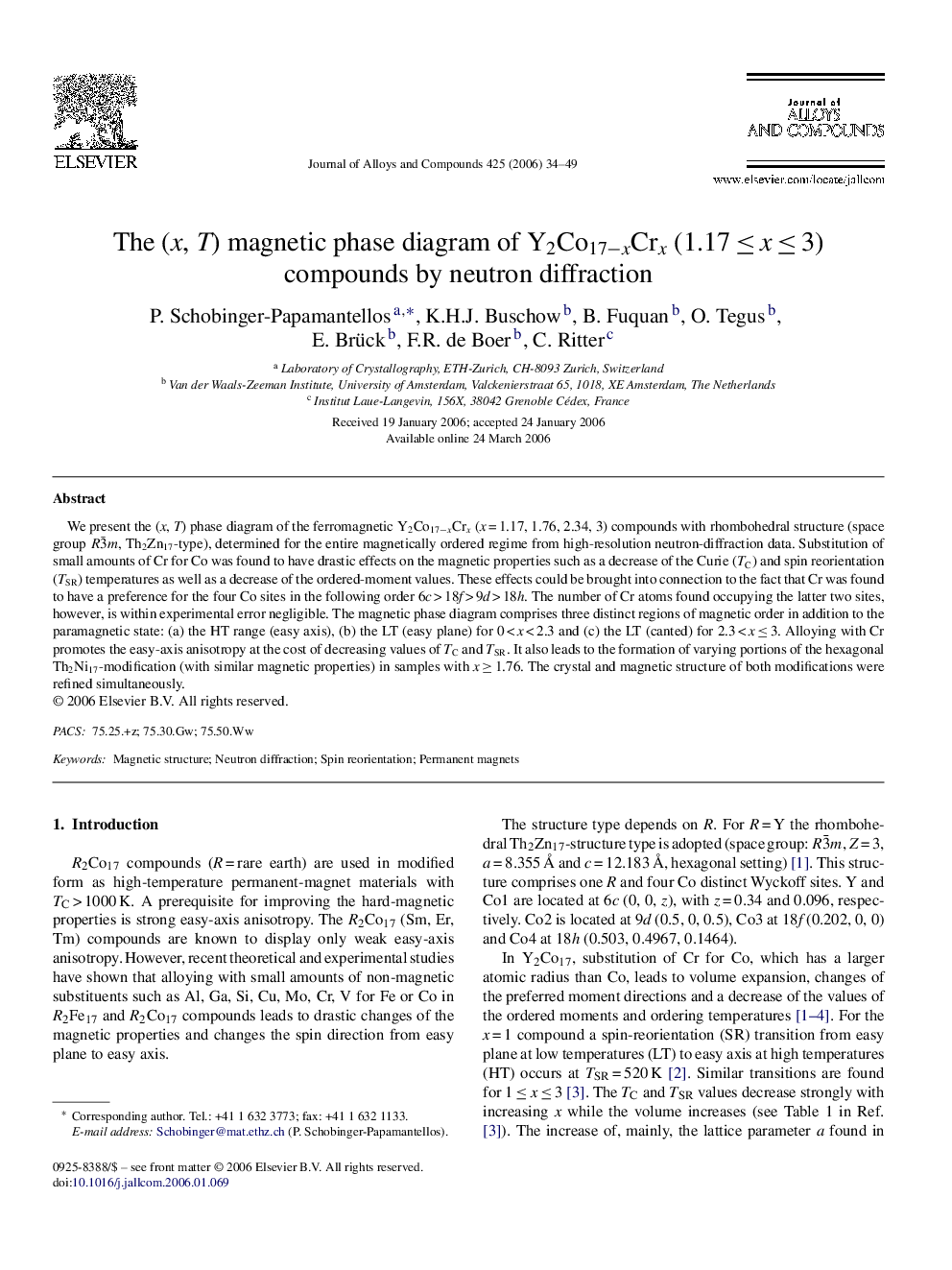 The (x, T) magnetic phase diagram of Y2Co17−xCrx (1.17 ≤ x ≤ 3) compounds by neutron diffraction