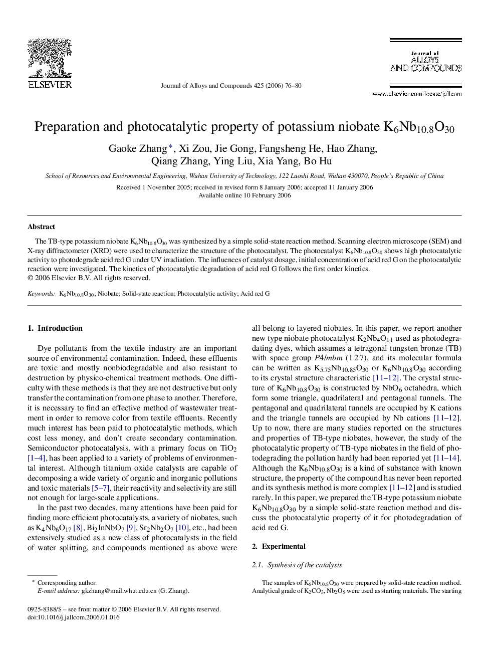 Preparation and photocatalytic property of potassium niobate K6Nb10.8O30