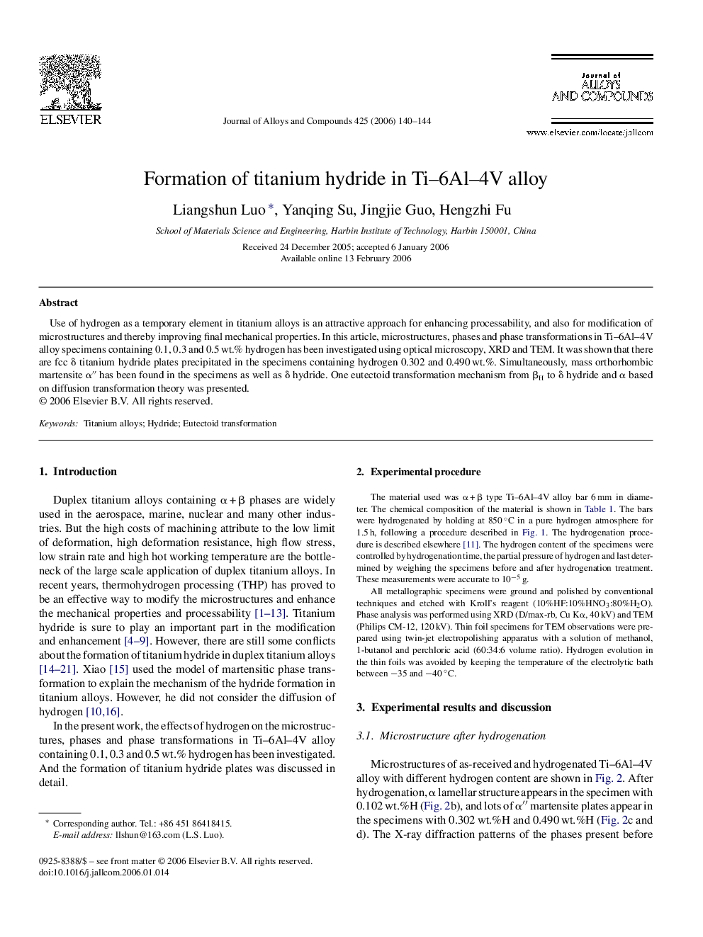 Formation of titanium hydride in Ti–6Al–4V alloy