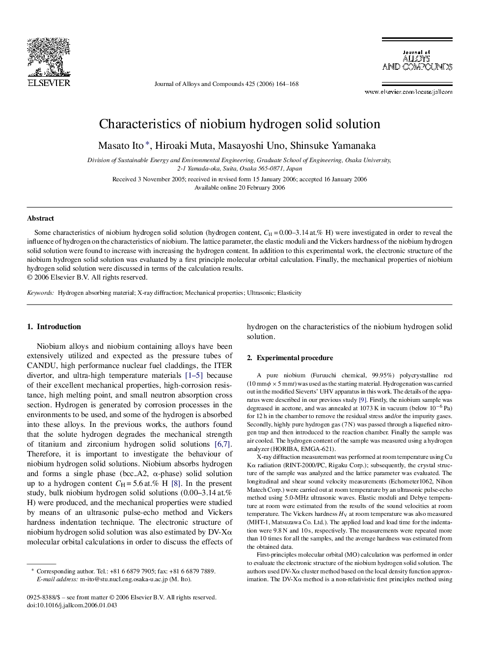 Characteristics of niobium hydrogen solid solution