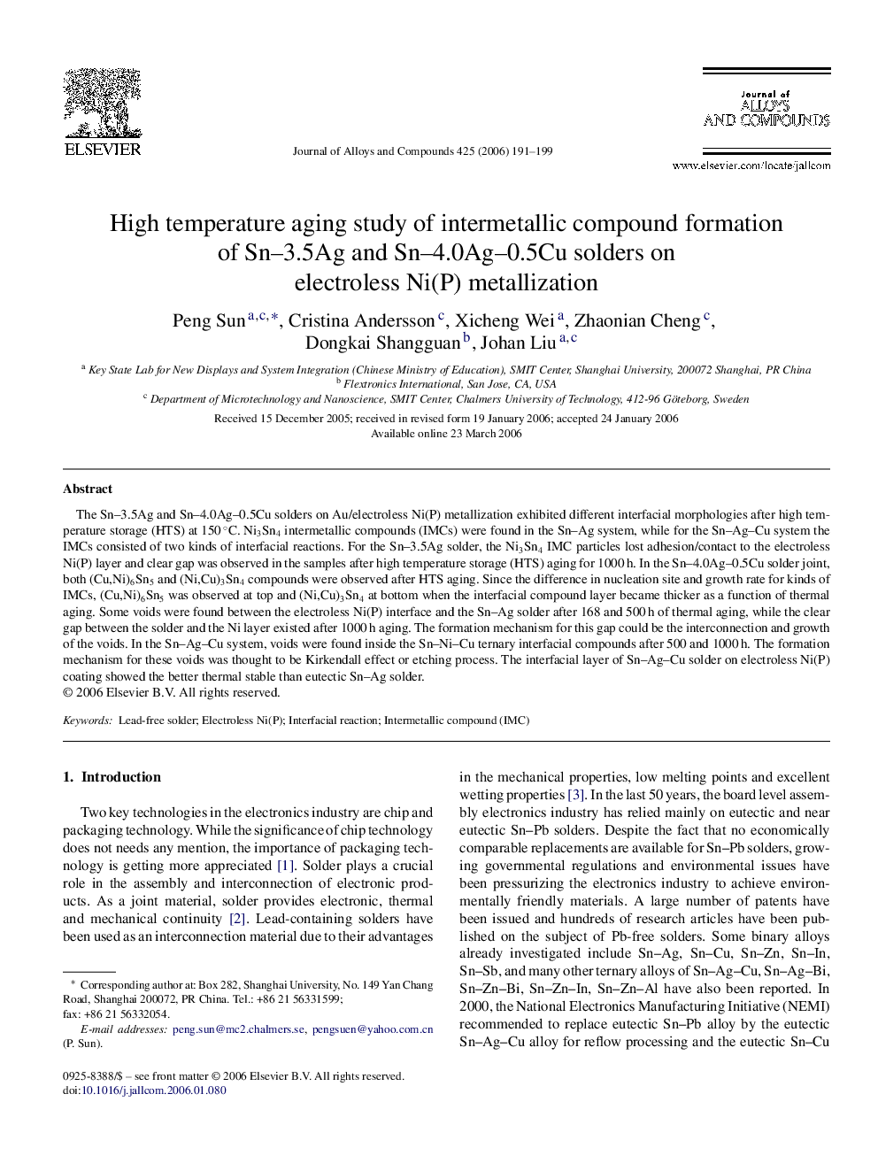 High temperature aging study of intermetallic compound formation of Sn–3.5Ag and Sn–4.0Ag–0.5Cu solders on electroless Ni(P) metallization