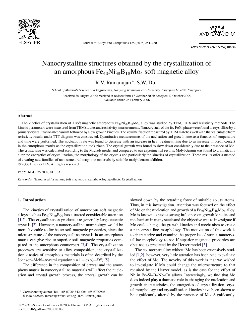 Nanocrystalline structures obtained by the crystallization of an amorphous Fe40Ni38B18Mo4 soft magnetic alloy