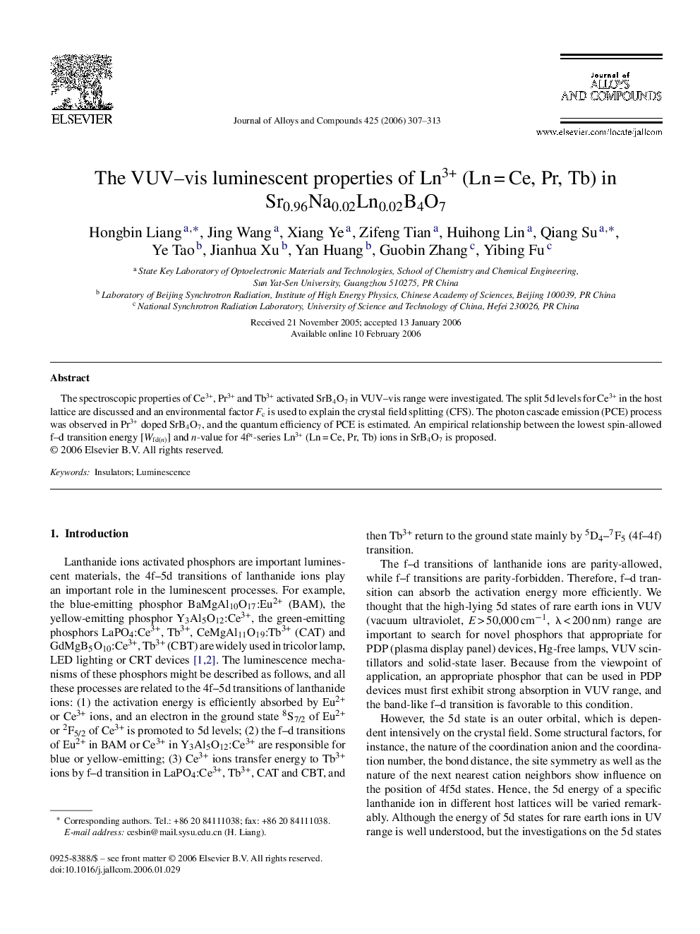 The VUV–vis luminescent properties of Ln3+ (Ln = Ce, Pr, Tb) in Sr0.96Na0.02Ln0.02B4O7