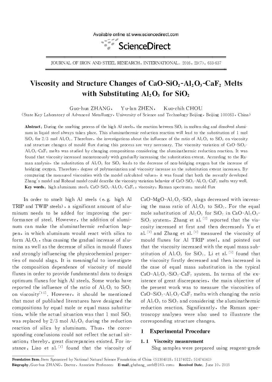 Viscosity and Structure Changes of CaO-SiO2-Al2O3-CaF2 Melts with Substituting Al2O3 for SiO2