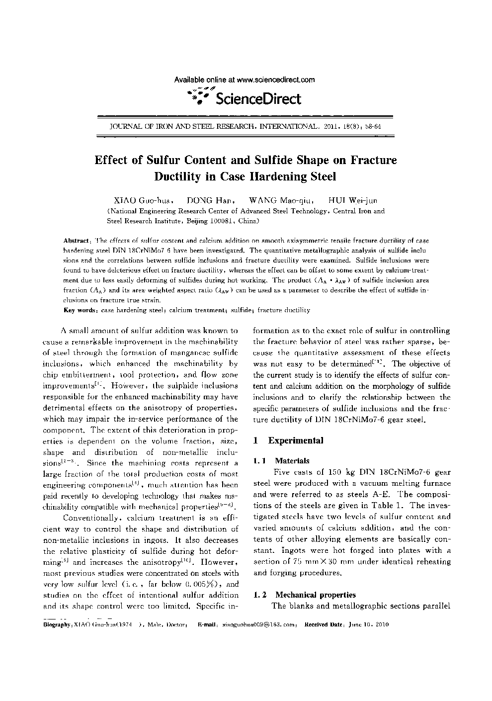 Effect of Sulfur Content and Sulfide Shape on Fracture Ductility in Case Hardening Steel