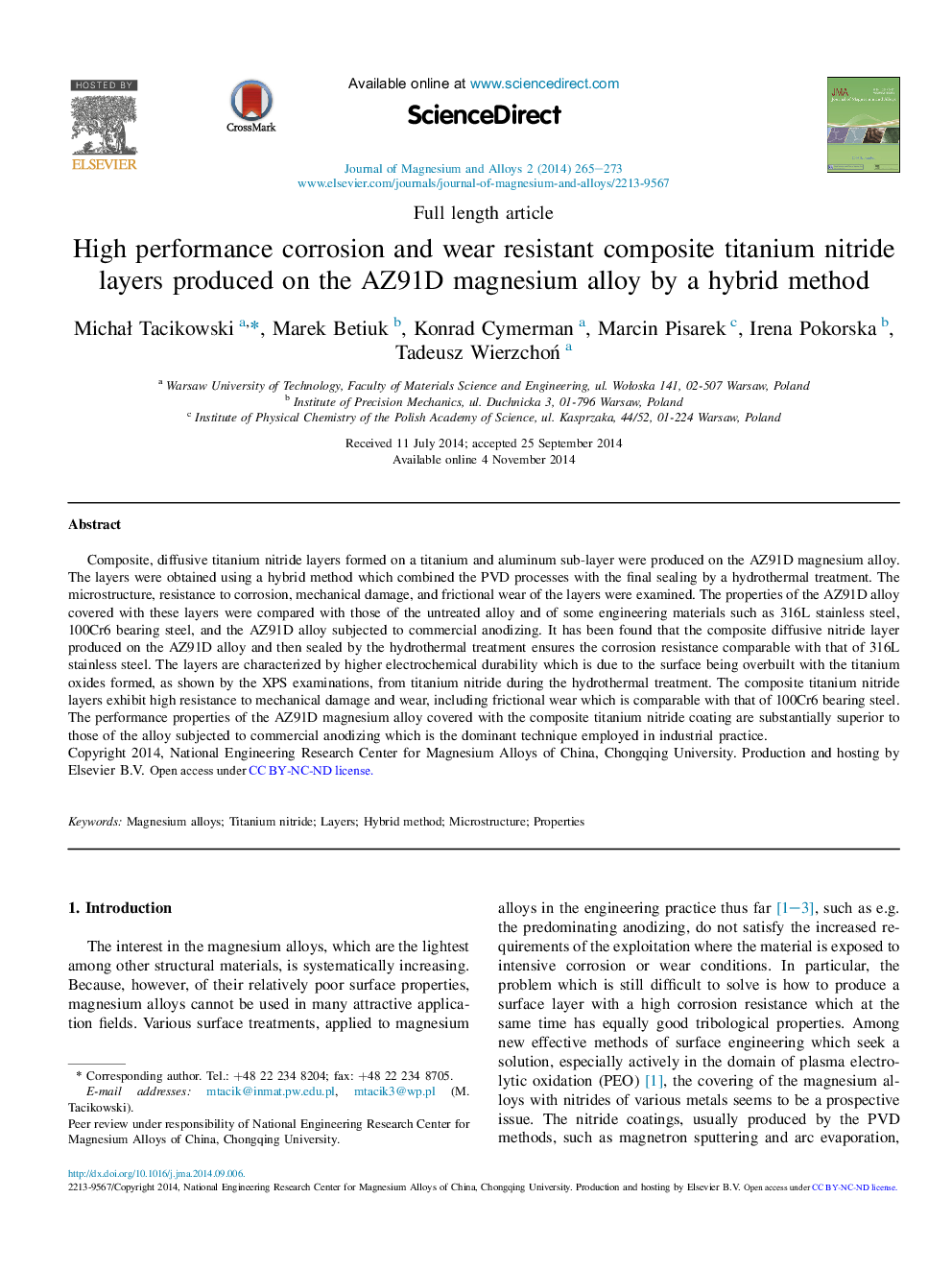 High performance corrosion and wear resistant composite titanium nitride layers produced on the AZ91D magnesium alloy by a hybrid method 