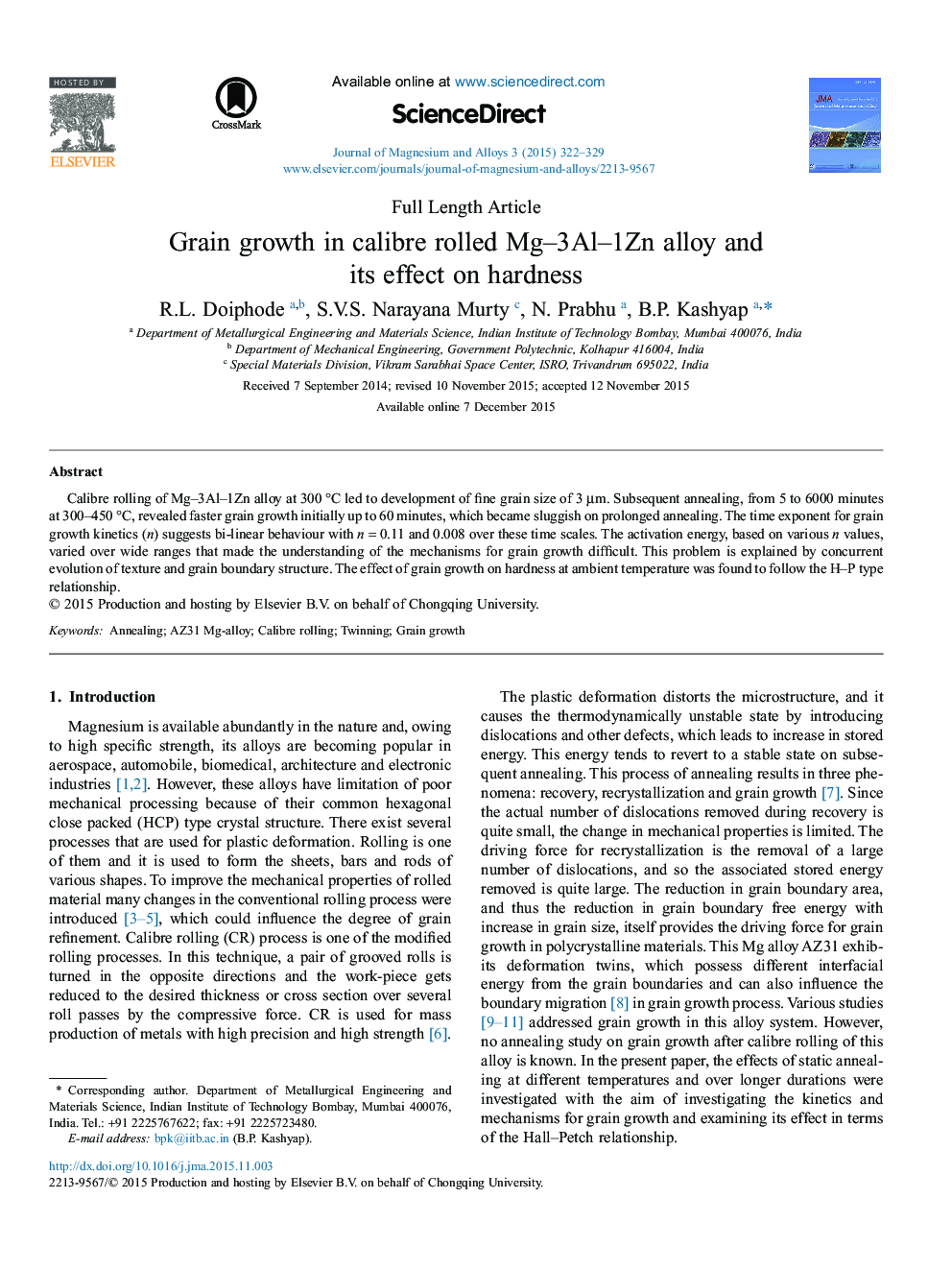 Grain growth in calibre rolled Mg–3Al–1Zn alloy and its effect on hardness