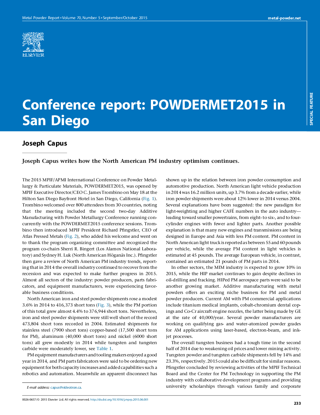 Conference report: POWDERMET2015 in San Diego