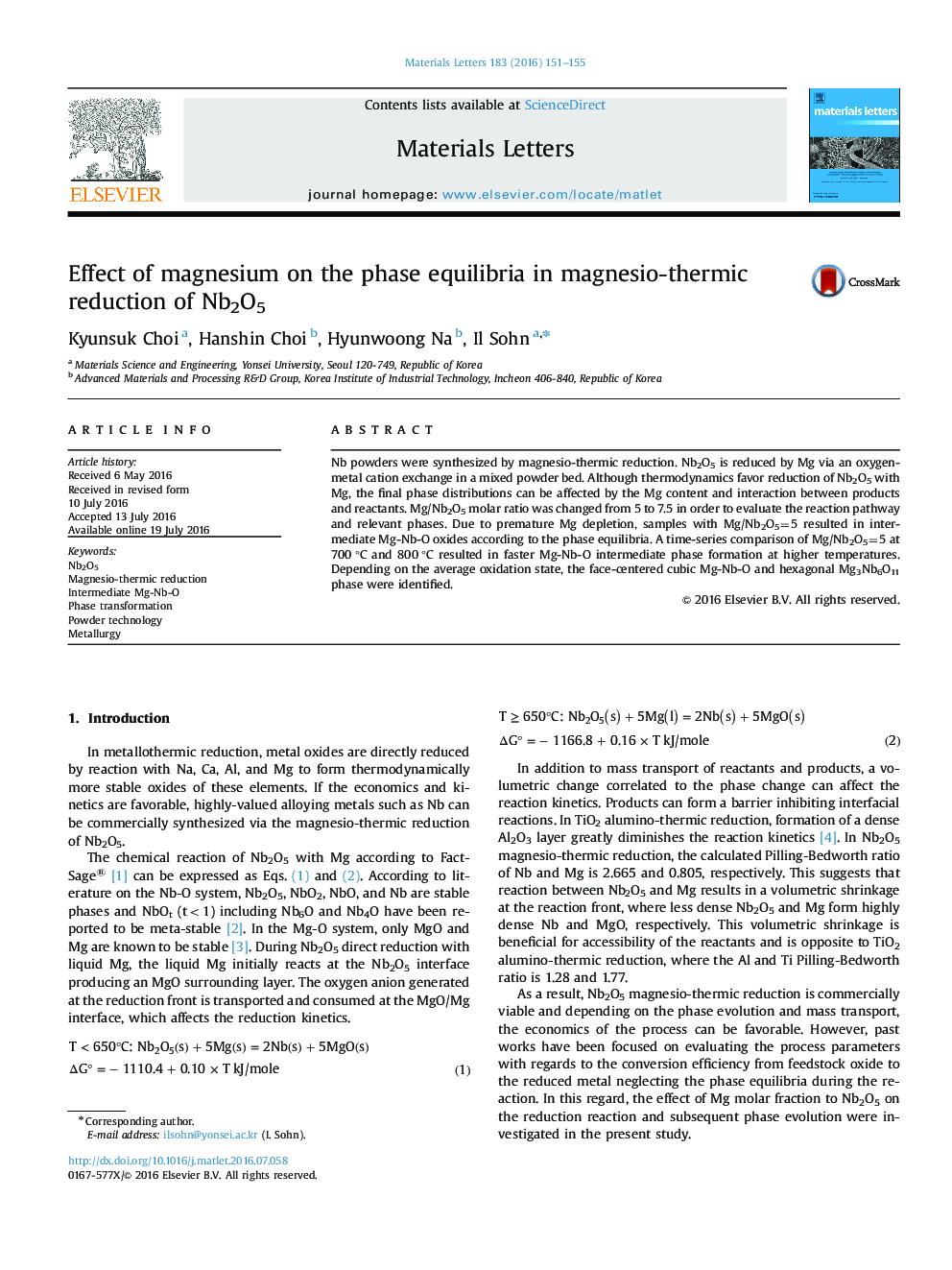 Effect of magnesium on the phase equilibria in magnesio-thermic reduction of Nb2O5