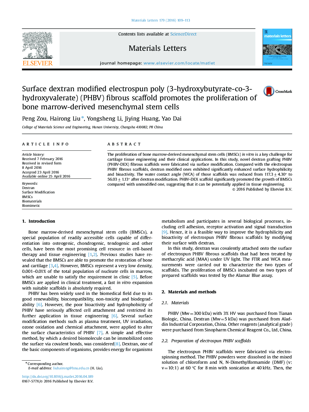 Surface dextran modified electrospun poly (3-hydroxybutyrate-co-3-hydroxyvalerate) (PHBV) fibrous scaffold promotes the proliferation of bone marrow-derived mesenchymal stem cells