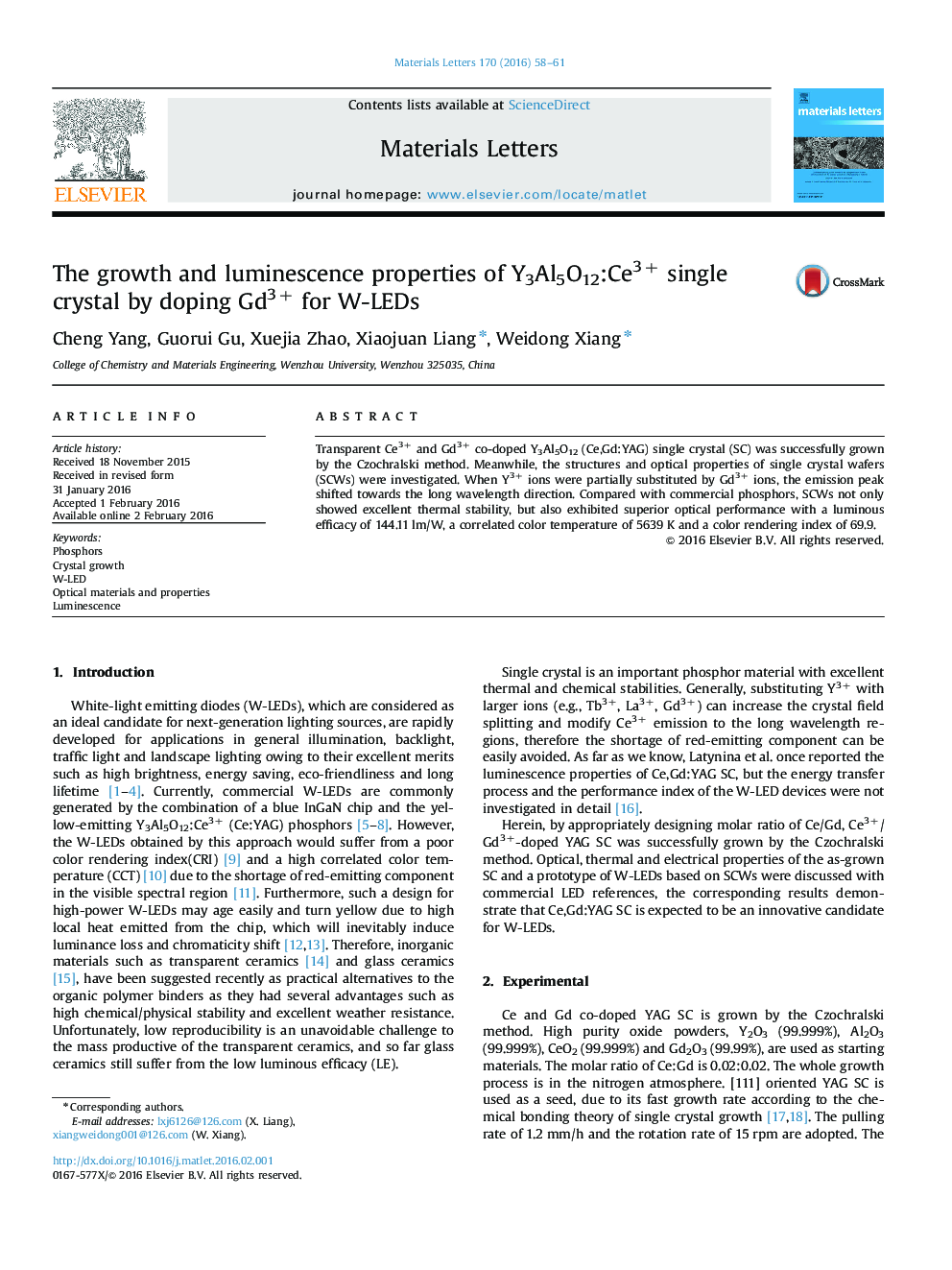 The growth and luminescence properties of Y3Al5O12:Ce3+ single crystal by doping Gd3+ for W-LEDs