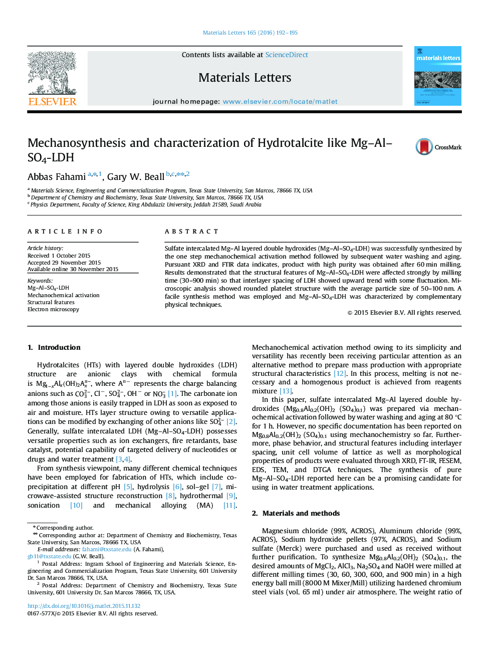 Mechanosynthesis and characterization of Hydrotalcite like Mg–Al–SO4-LDH