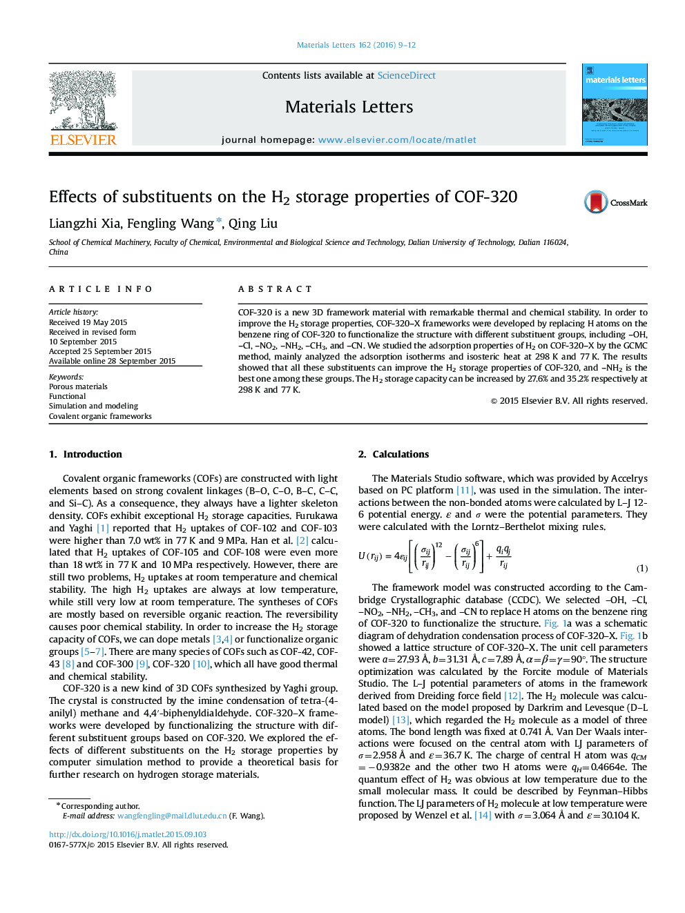 Effects of substituents on the H2 storage properties of COF-320