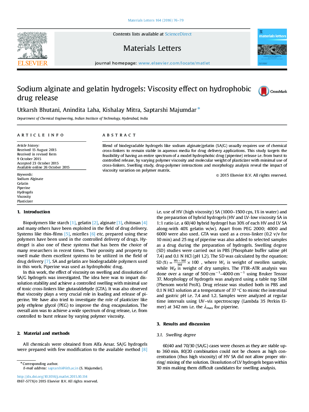 هیدروژل آلژینات سدیم و ژلاتین: اثر ویسکوزیته بر انتشار داروهای هیدروفوب 