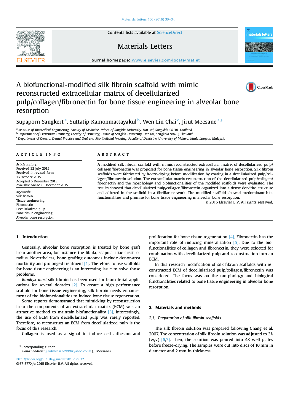 A biofunctional-modified silk fibroin scaffold with mimic reconstructed extracellular matrix of decellularized pulp/collagen/fibronectin for bone tissue engineering in alveolar bone resorption