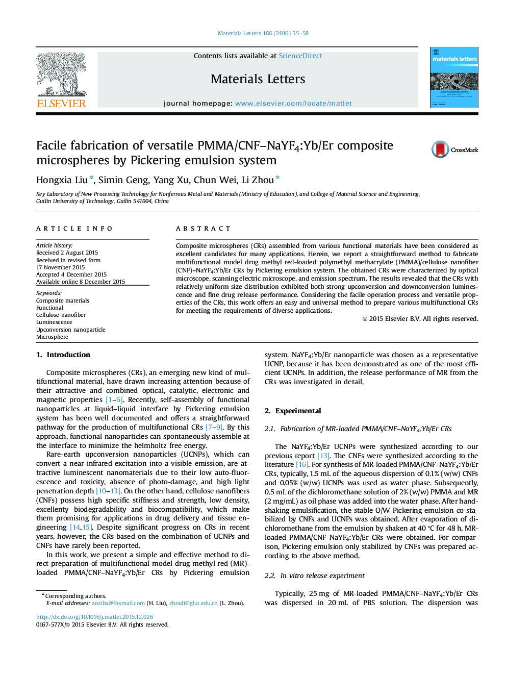 Facile fabrication of versatile PMMA/CNF–NaYF4:Yb/Er composite microspheres by Pickering emulsion system