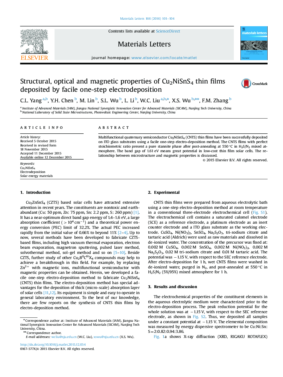 Structural, optical and magnetic properties of Cu2NiSnS4 thin films deposited by facile one-step electrodeposition