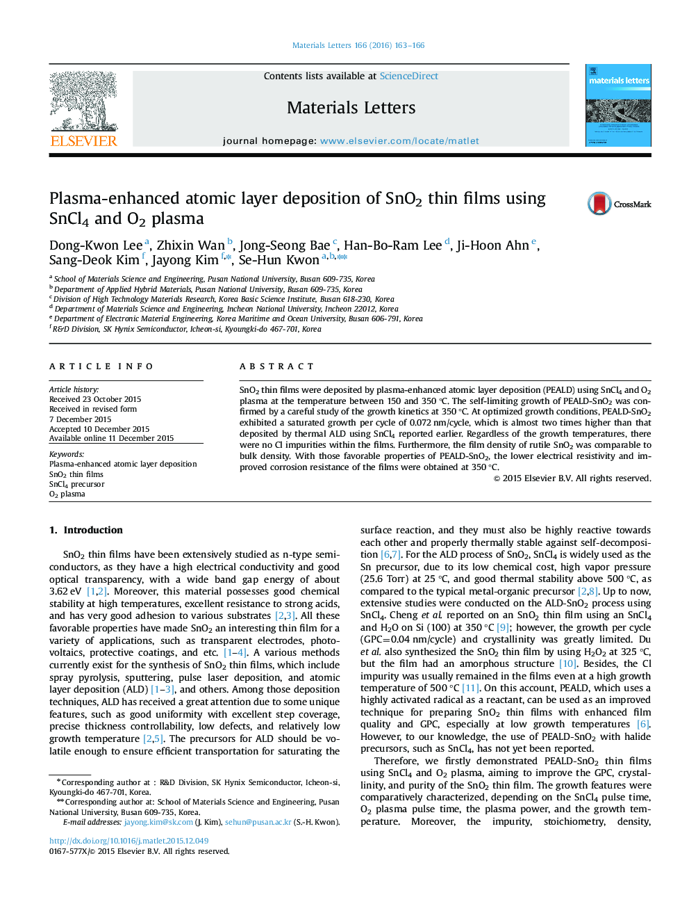 Plasma-enhanced atomic layer deposition of SnO2 thin films using SnCl4 and O2 plasma
