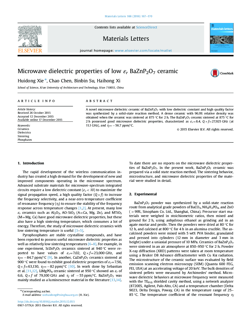 Microwave dielectric properties of low Îµr BaZnP2O7 ceramic