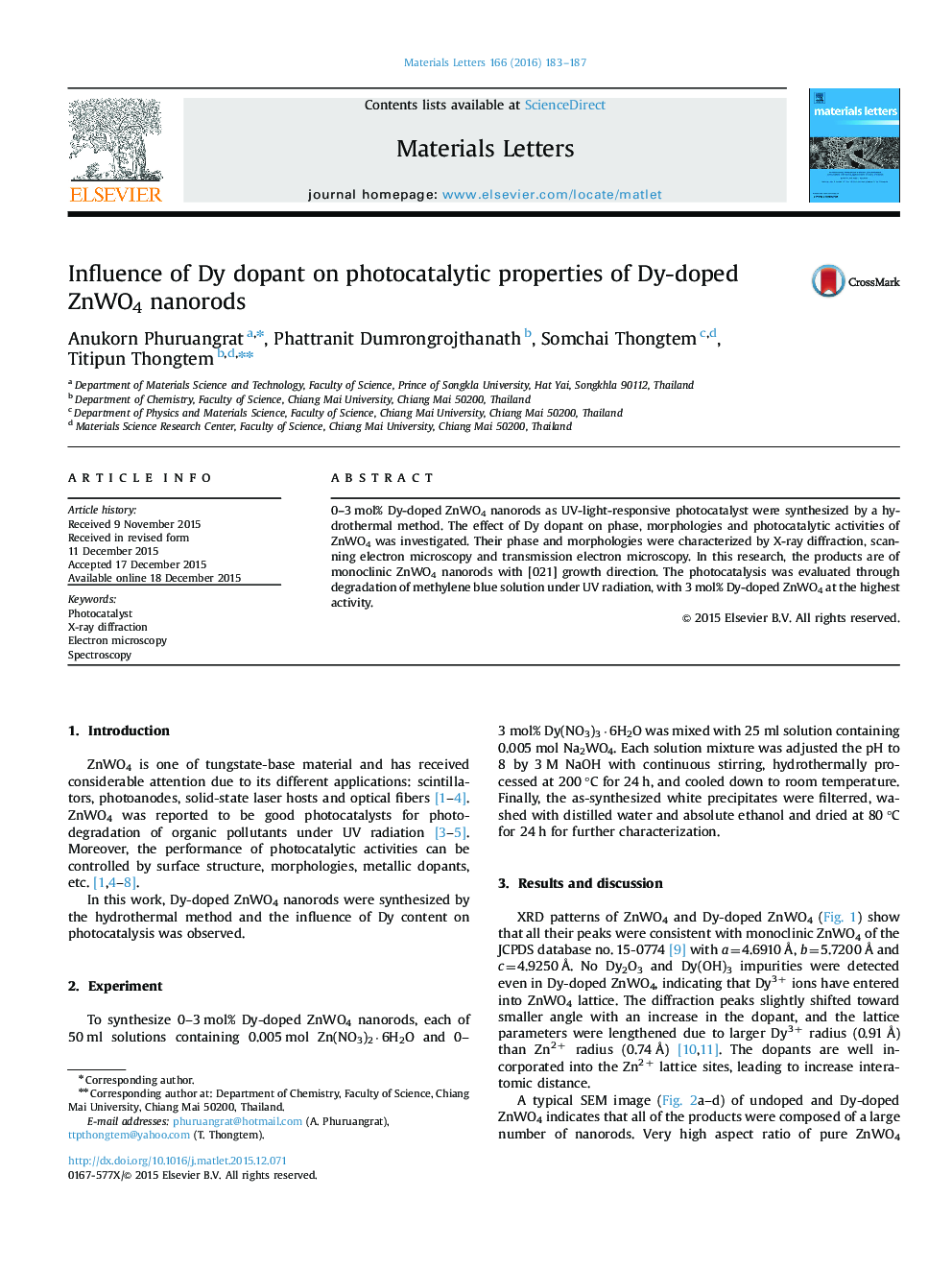 Influence of Dy dopant on photocatalytic properties of Dy-doped ZnWO4 nanorods