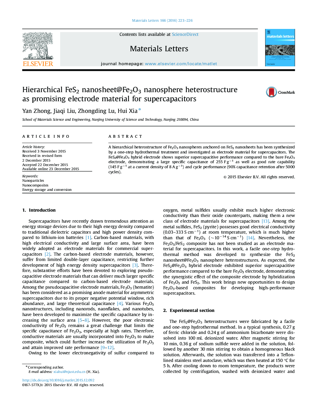 Hierarchical FeS2 nanosheet@Fe2O3 nanosphere heterostructure as promising electrode material for supercapacitors